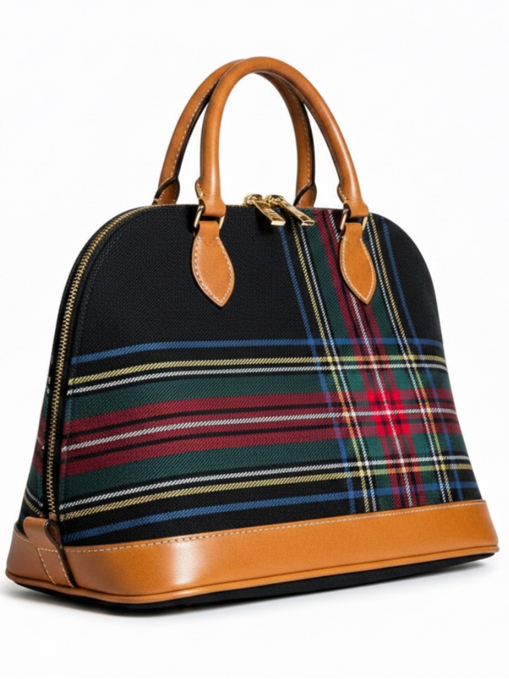 Dooney & Bourke Navy Quiet Luxury Plaid Red Tartan Leather Trim Zip Up Satchel - Picture 2 of 15